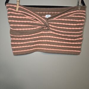 Aerie Women's Halter Twist Crop Top Size XL Knit Brown And Pink Ribbed Striped